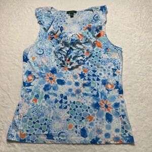 Lauren Ralph Lauren Ruffle Tank Top Floral Sleeveless Geometric Blue Orange Sz L